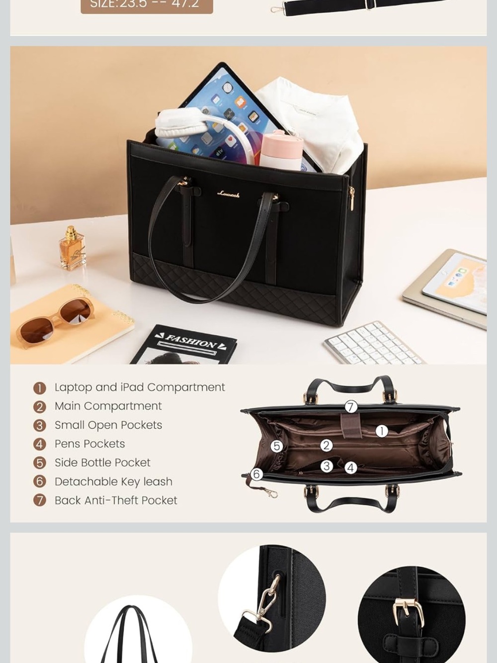 Everyday Black Tote Bag with Padded Laptop Compartment